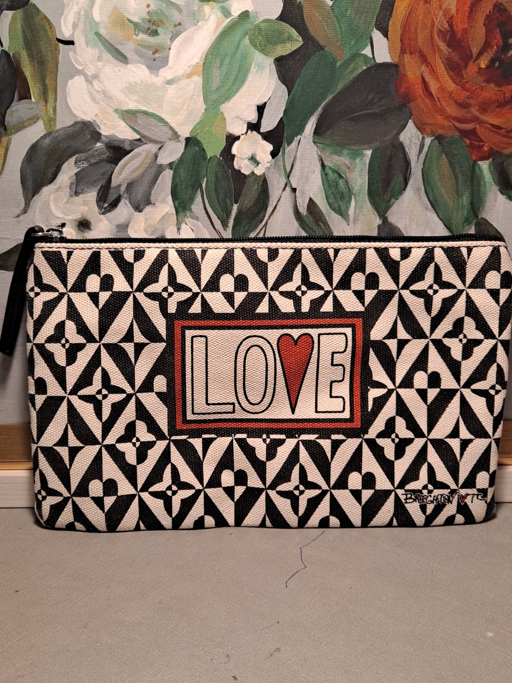 Brighton Black White 'LOVE' Zip Pouch Red Heart Artistic Poly Canvas Clutch Bag